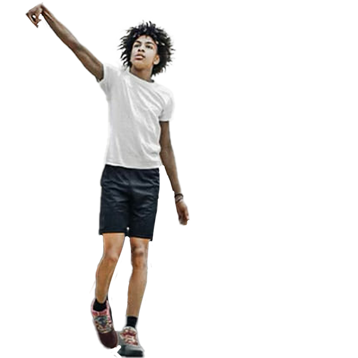 IAM4 Micah Huffman in a white shirt and black shorts in a shooting poses with right hand in the air and arm bent,